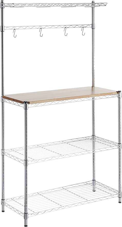 3 Tier Kitchen Bakers Rack with Storage, Removeable Top, Wood/Chrome, 14