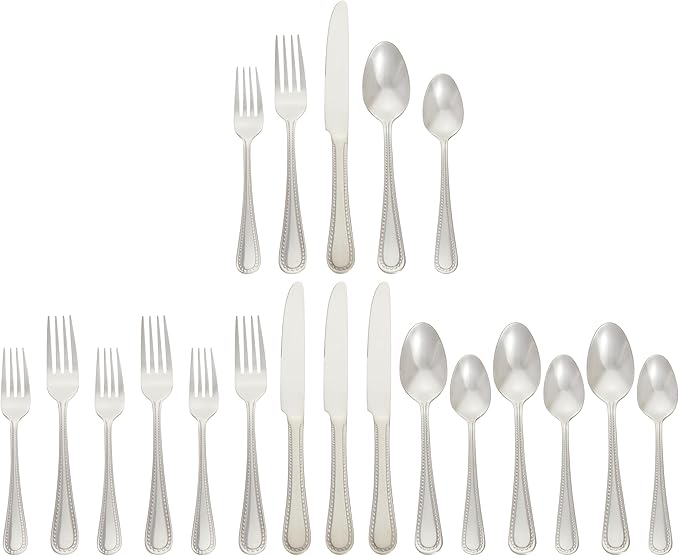 Silverware Set, Stainless Steel Flatware, Dishwasher Safe, Service for 4, 20-Piece Forks and Spoons, Pearled Edge